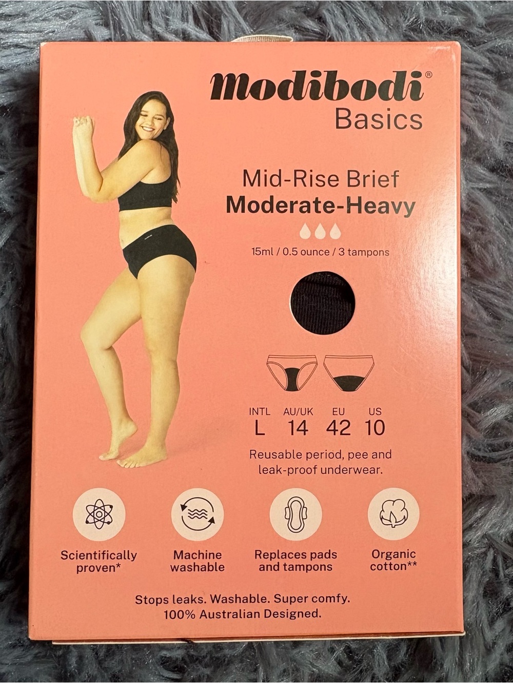 ModiBodi Basics Mid-Rise Brief Period Underwear in Black Size L (Moderate-Heavy)